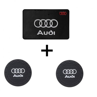 Комплект резинових ковриків на торпеду та підсклянники автомобіля з емблемою Audi