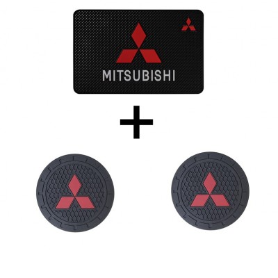 Комплект резинових ковриків на торпеду та підсклянники автомобіля з емблемою Mitsubishi Комплект резинових ковриків на торпеду та підсклянники автомобіля з емблемою Mitsubishi